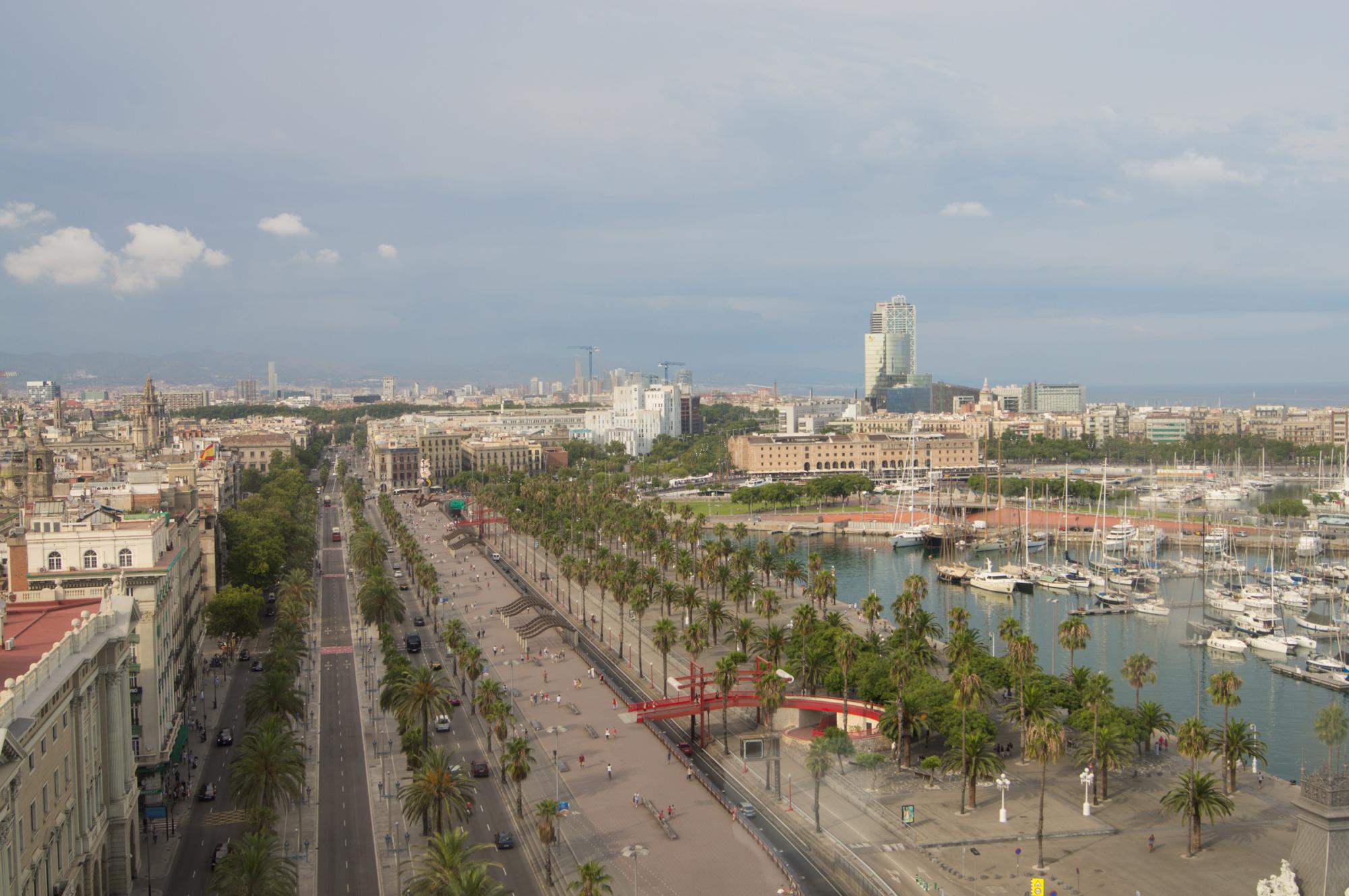 Views of Passeig de Colom and port from the top of Columbus Monument in Barcelona