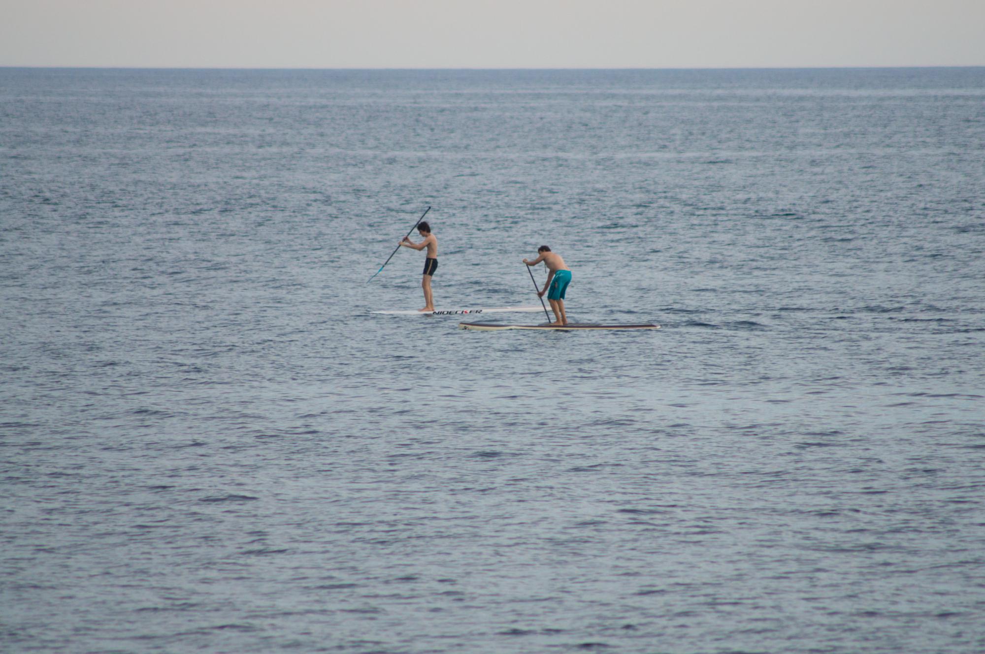 Rowers in the open sea near Barcelona