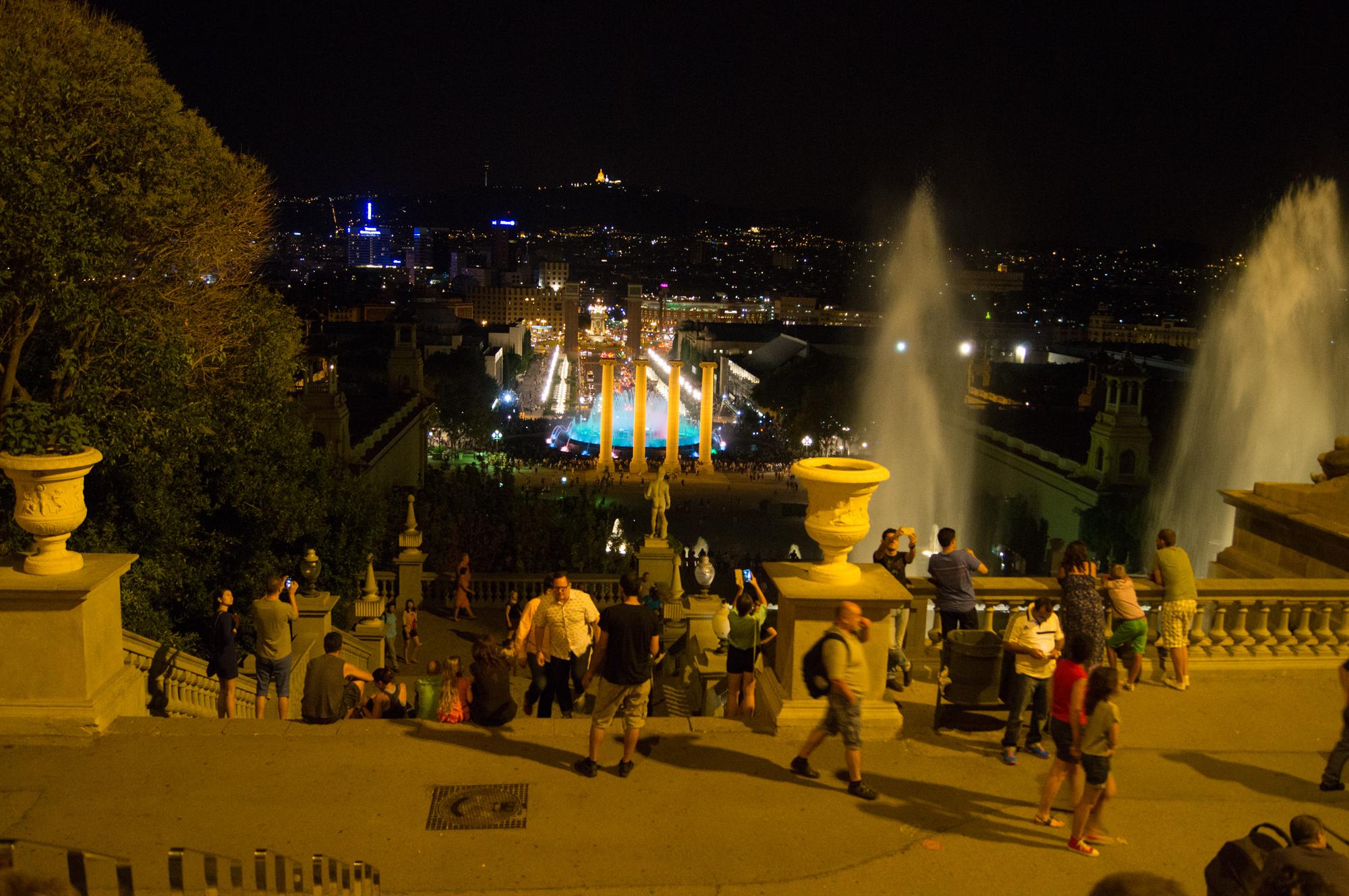 View of Magic fountain of Montjuic (Font màgica de Montjuïc) from the National Art Museum of Catalonia in Barcelona