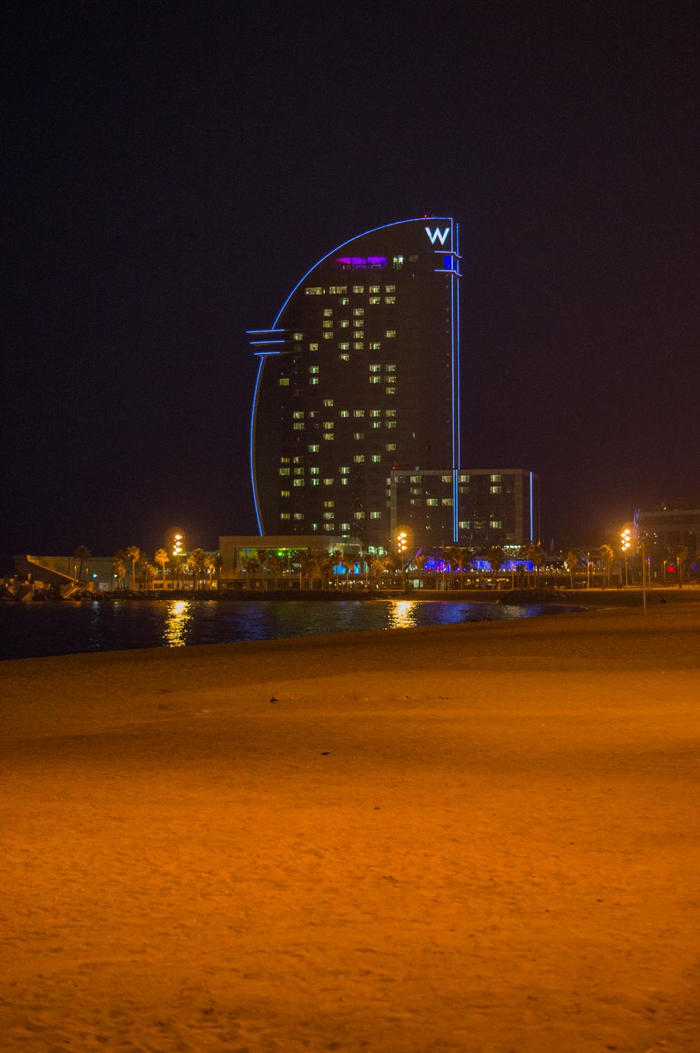 Night view of the W hotel in Barcelona