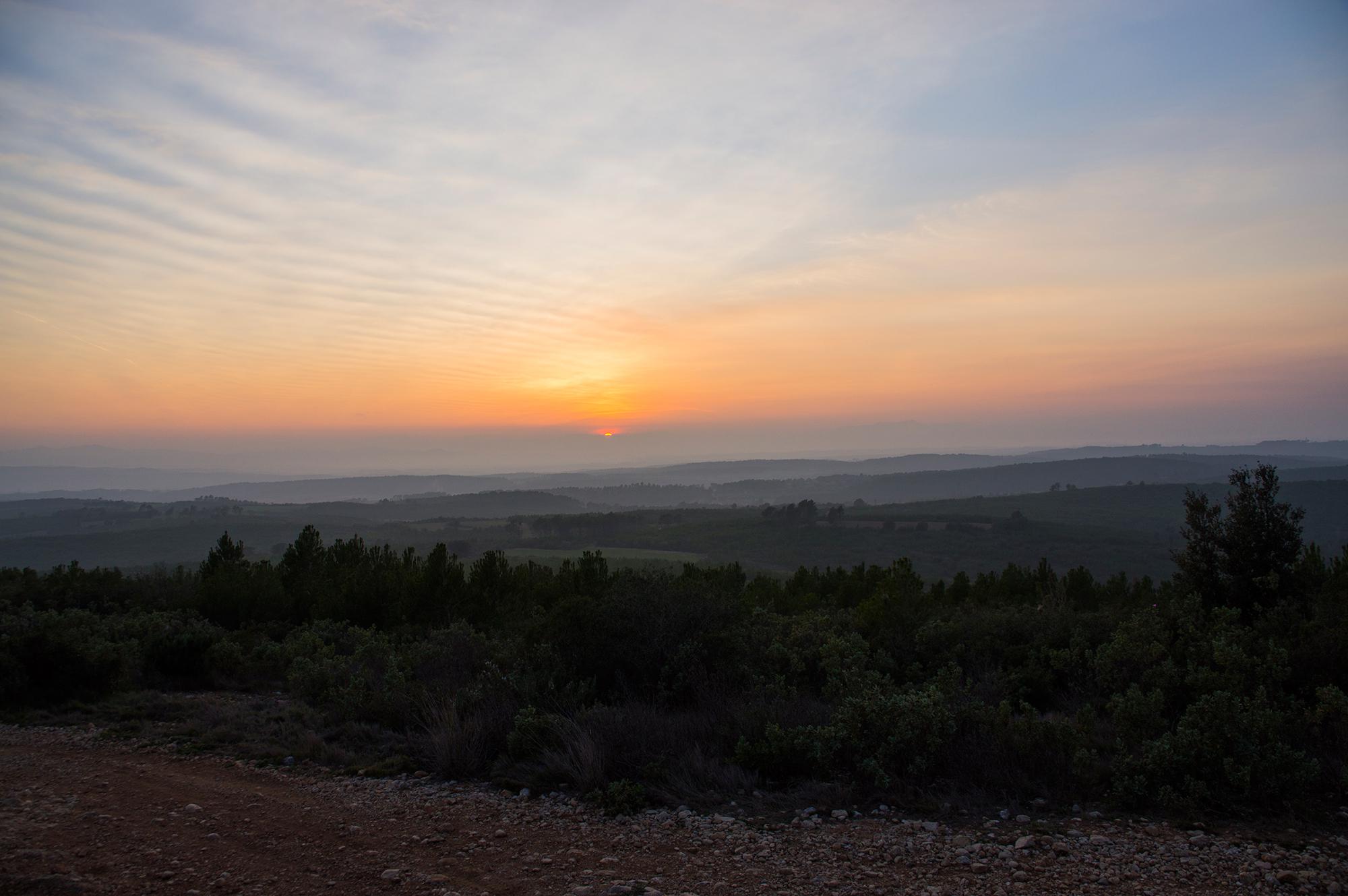 Sunset over the hills near the village of Garrigolies in the province of Girona in Catalonia