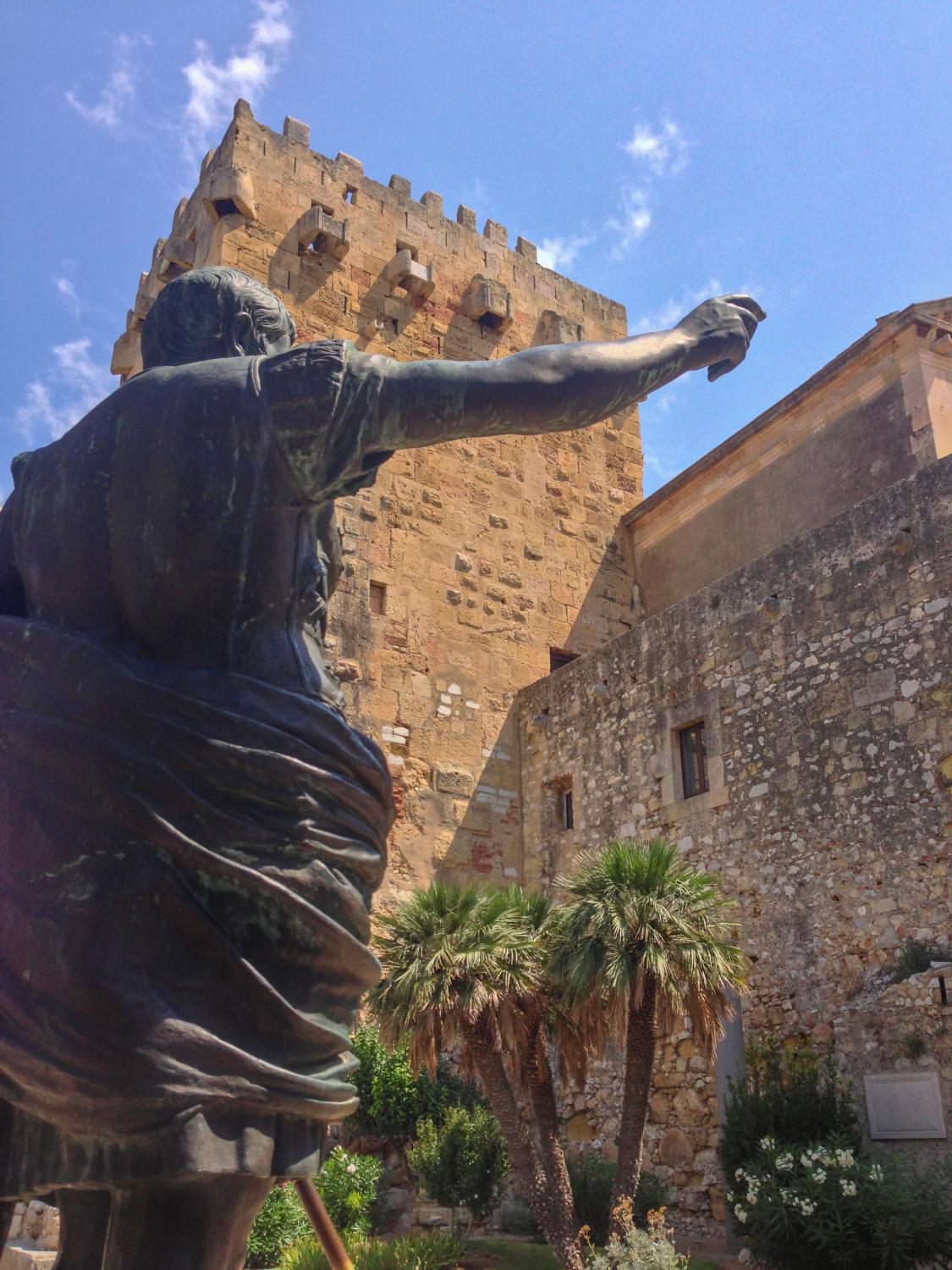 Caesar monument near the city wall on the archaeological trail in Tarragona